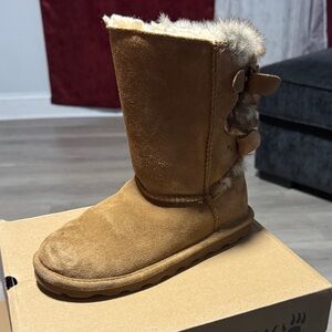BearPaw Girls Tan Suede Fur-Trim Mid-Calf Boots
